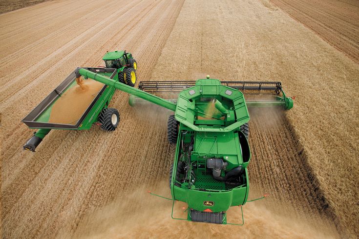 Combine harvester offloading grain in a wheat field